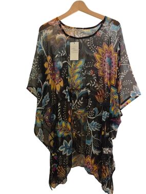 NWT Salty Lemon Sheer Floral Kimono Tunic Swim Cover-Up Caftan. Whimsy Goth Boho